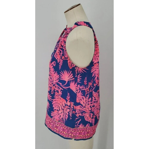 Lilly Pulitzer Silk Fushia Navy Bird Print Sleeveless Blouse High Low XS Preppy - Picture 4 of 12